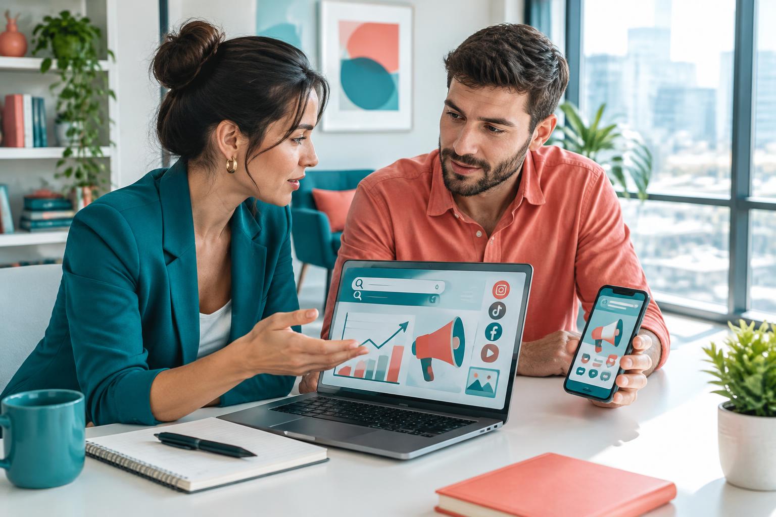 Marketing team comparing search and social campaigns